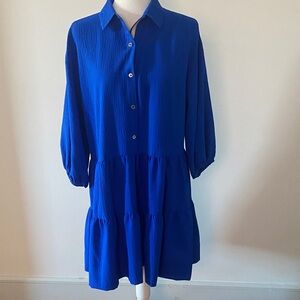 NWOT DKNY Blue Button-Up 3/4 Sleeve Tiered Mini Shirt Dress